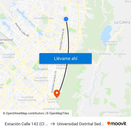 Estación Calle 142 (Cl 145 - Kr 21) to Universidad Distrital Sede Macarena A map