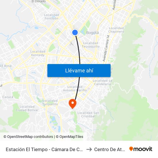 Estación El Tiempo - Cámara De Comercio De Bogotá (Ac 26 - Kr 68b Bis) to Centro De Atención Las Lomas map