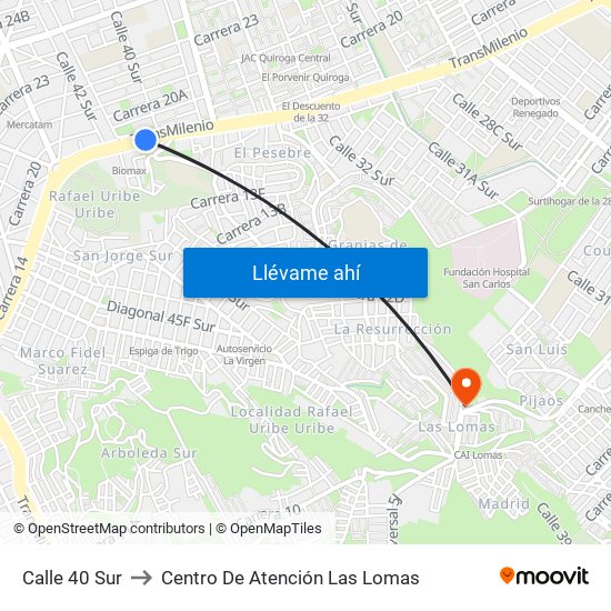 Calle 40 Sur to Centro De Atención Las Lomas map