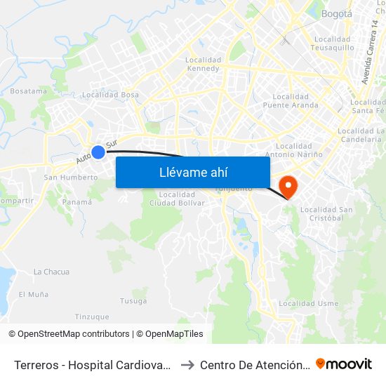 Terreros - Hospital Cardiovascular (Lado Sur) to Centro De Atención Las Lomas map