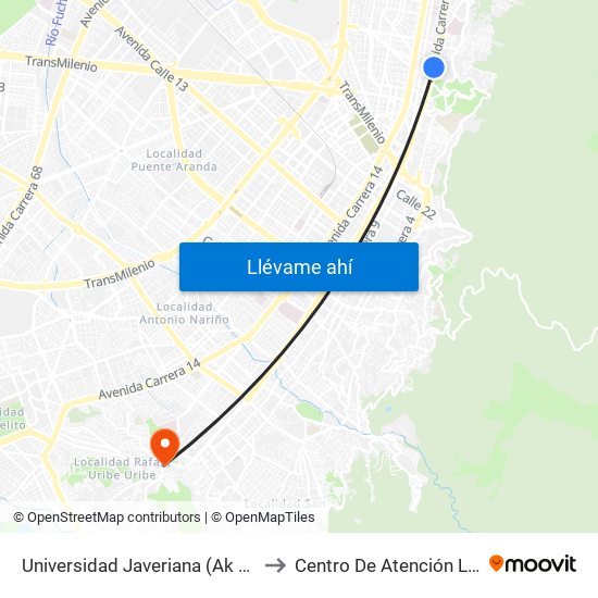 Universidad Javeriana (Ak 7 - Cl 40) (B) to Centro De Atención Las Lomas map