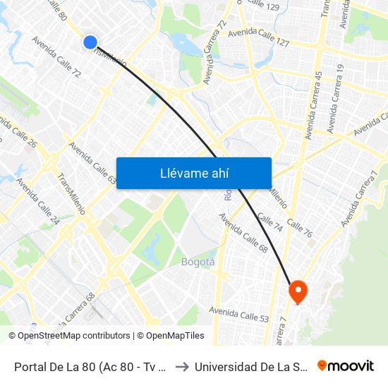 Portal De La 80 (Ac 80 - Tv 94l) to Universidad De La Salle map
