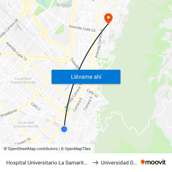 Hospital Universitario La Samaritana (Kr 8 - Cl 0 Sur) to Universidad De La Salle map