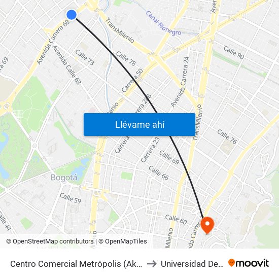 Centro Comercial Metrópolis (Ak 68 - Cl 76a) (C) to Universidad De La Salle map