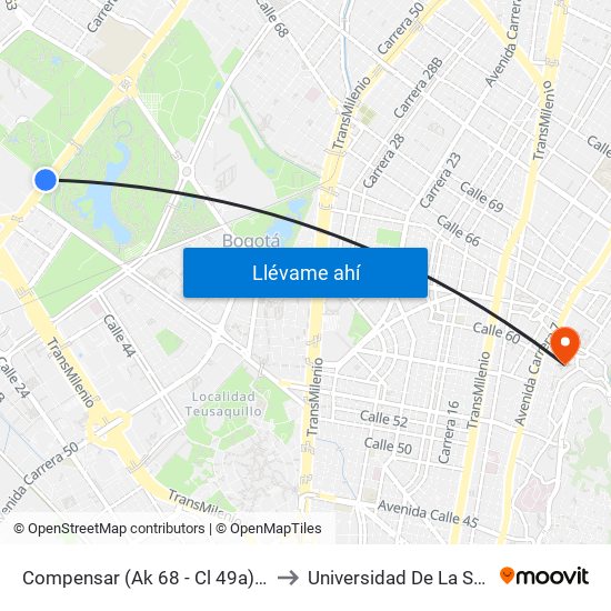 Compensar (Ak 68 - Cl 49a) (B) to Universidad De La Salle map