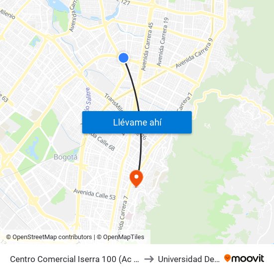 Centro Comercial Iserra 100 (Ac 100 - Tv 55) (C) to Universidad De La Salle map