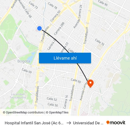 Hospital Infantil San José (Ac 68 - Kr 52) (B) to Universidad De La Salle map