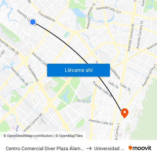 Centro Comercial Diver Plaza Álamos (Ac 72 - Kr 96a) (B) to Universidad De La Salle map