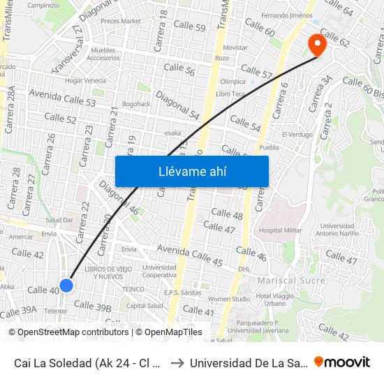 Cai La Soledad (Ak 24 - Cl 40) to Universidad De La Salle map