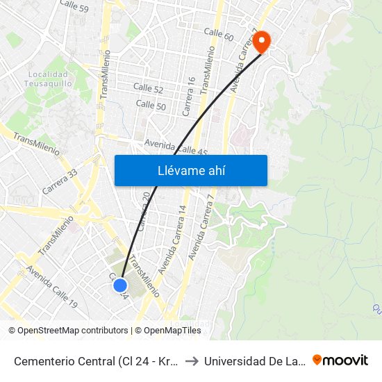 Cementerio Central (Cl 24 - Kr 18 Bis) to Universidad De La Salle map