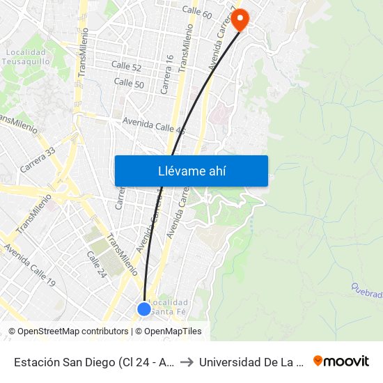 Estación San Diego (Cl 24 - Ak 10) to Universidad De La Salle map