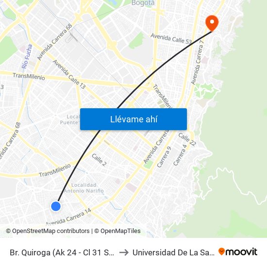 Br. Quiroga (Ak 24 - Cl 31 Sur) to Universidad De La Salle map