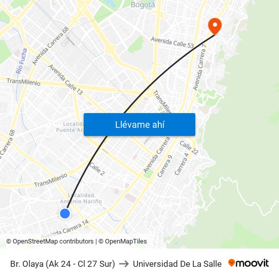 Br. Olaya (Ak 24 - Cl 27 Sur) to Universidad De La Salle map