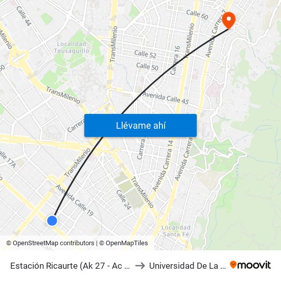 Estación Ricaurte (Ak 27 - Ac 13) (A) to Universidad De La Salle map