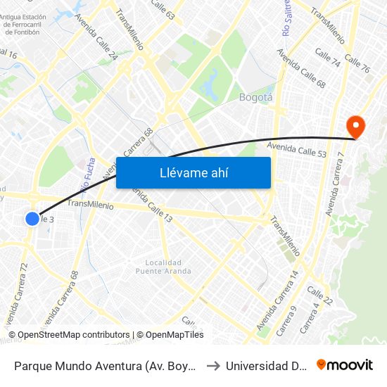 Parque Mundo Aventura (Av. Boyacá - Cl 2a Bis) (A) to Universidad De La Salle map
