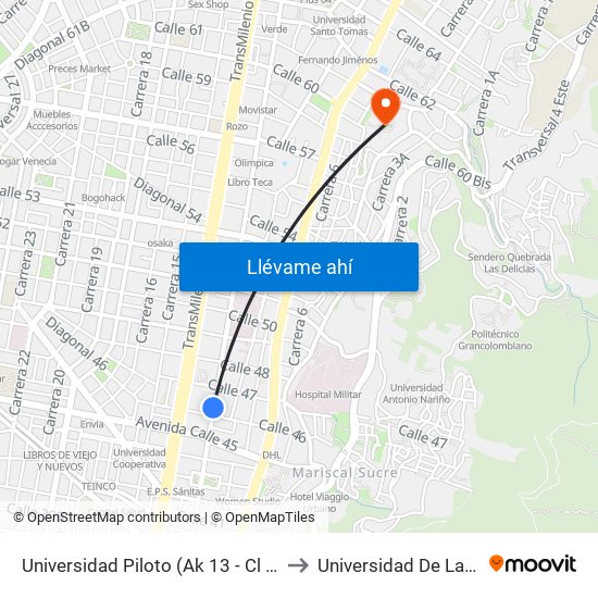 Universidad Piloto (Ak 13 - Cl 46) (A) to Universidad De La Salle map