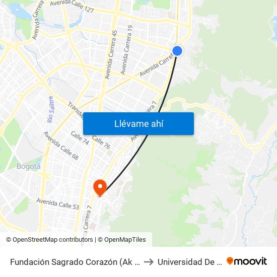 Fundación Sagrado Corazón (Ak 7 - Cl 116) (A) to Universidad De La Salle map