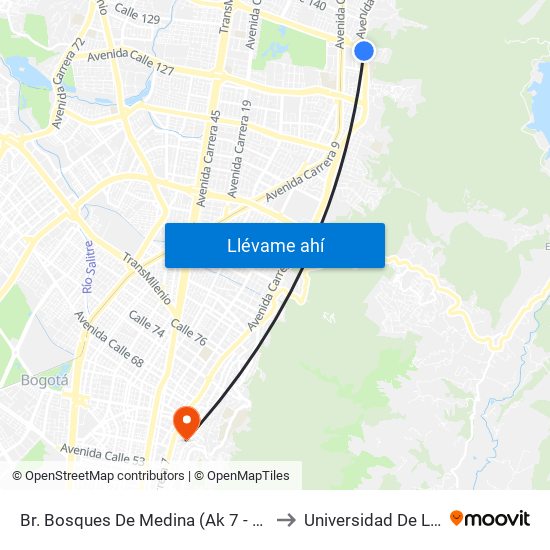 Br. Bosques De Medina (Ak 7 - Cl 132) (A) to Universidad De La Salle map