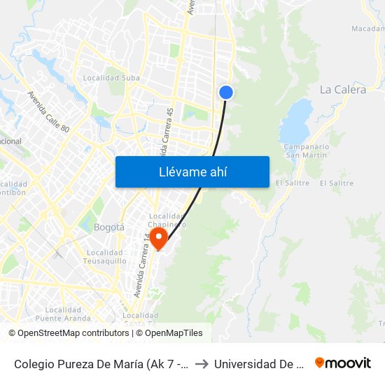 Colegio Pureza De María (Ak 7 - Cl 147) (A) to Universidad De La Salle map