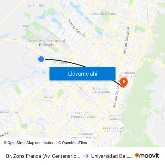 Br. Zona Franca (Av. Centenario - Kr 108a) to Universidad De La Salle map