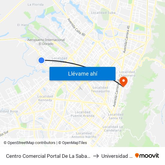 Centro Comercial Portal De La Sabana (Av. Centenario - Kr 106) to Universidad De La Salle map