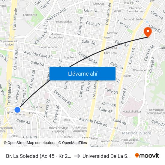 Br. La Soledad (Ac 45 - Kr 27a) to Universidad De La Salle map