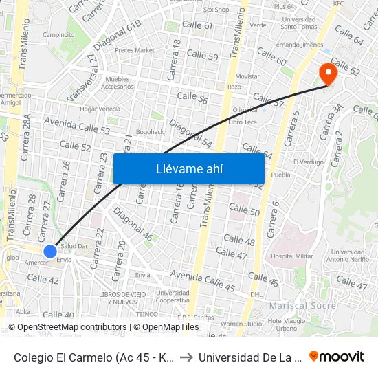 Colegio El Carmelo (Ac 45 - Kr 25a) to Universidad De La Salle map