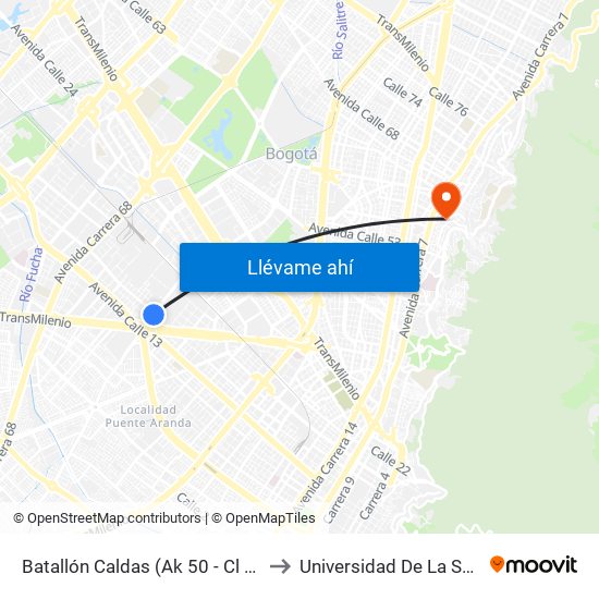 Batallón Caldas (Ak 50 - Cl 15) to Universidad De La Salle map
