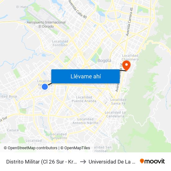 Distrito Militar (Cl 26 Sur - Kr 78h) to Universidad De La Salle map