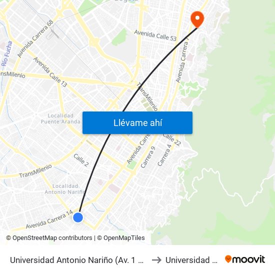 Universidad Antonio Nariño (Av. 1 De Mayo - Kr 13 Bis) (A) to Universidad De La Salle map