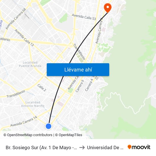 Br. Sosiego Sur (Av. 1 De Mayo - Kr 10a) (A) to Universidad De La Salle map