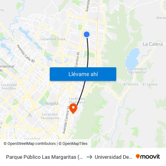 Parque Público Las Margaritas (Ak 19 - Cl 151) to Universidad De La Salle map