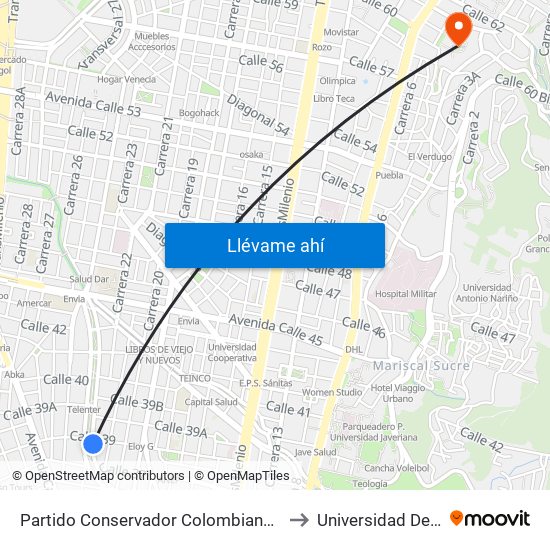 Partido Conservador Colombiano (Ak 24 - Cl 39) to Universidad De La Salle map