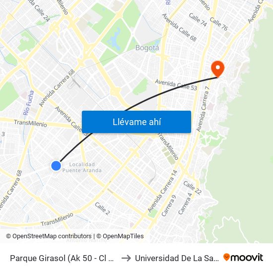 Parque Girasol (Ak 50 - Cl 2c) to Universidad De La Salle map
