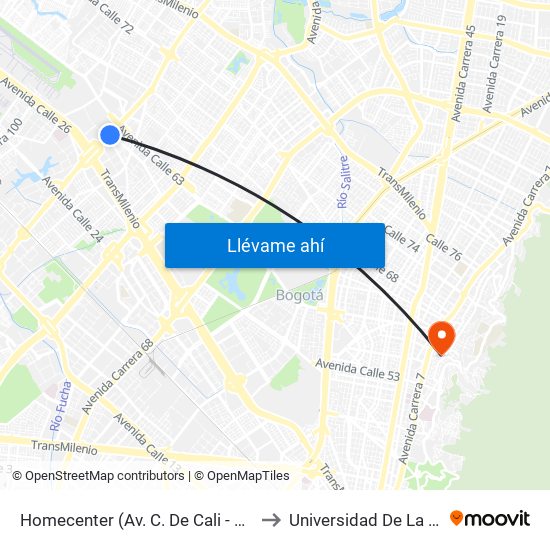 Homecenter (Av. C. De Cali - Cl 52a) to Universidad De La Salle map