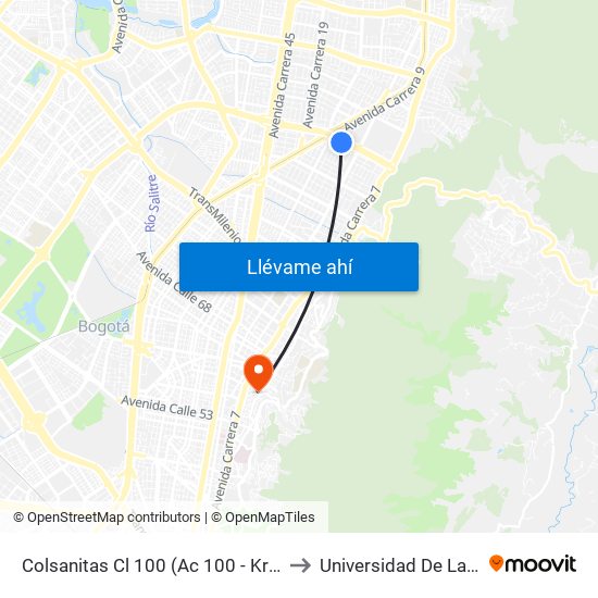 Colsanitas Cl 100 (Ac 100 - Kr 14) (C) to Universidad De La Salle map