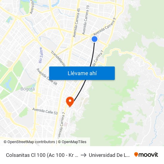 Colsanitas Cl 100 (Ac 100 - Kr 11b) (A) to Universidad De La Salle map