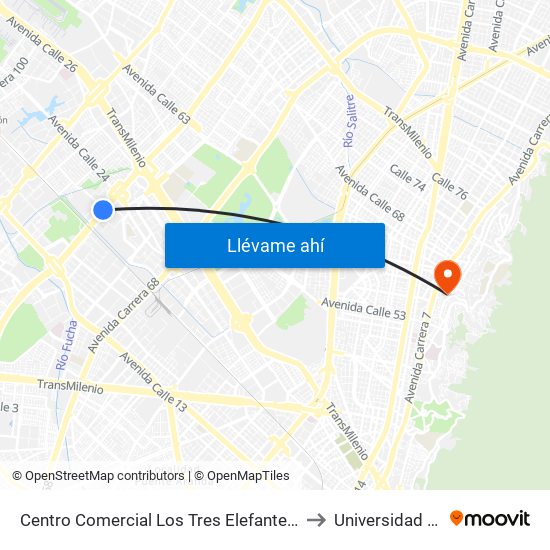Centro Comercial Los Tres Elefantes (Av. Boyacá - Cl 23) (A) to Universidad De La Salle map