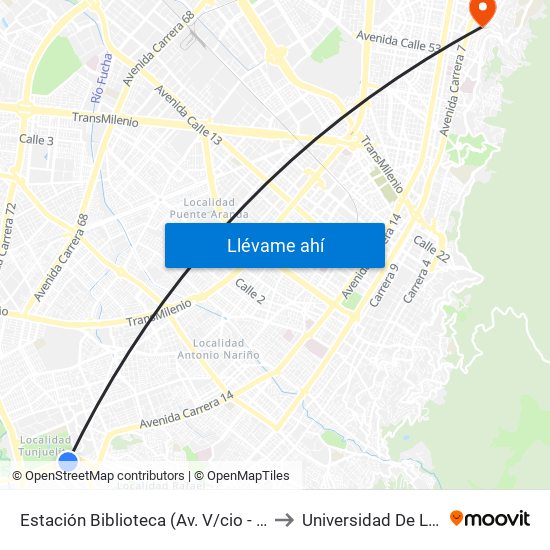 Estación Biblioteca (Av. V/cio - Cl 51 Sur) to Universidad De La Salle map