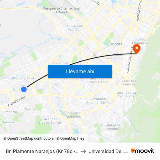 Br. Piamonte Naranjos (Kr 78c - Cl 70 Sur) to Universidad De La Salle map