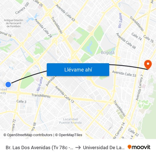 Br. Las Dos Avenidas (Tv 78c - Dg 7a) to Universidad De La Salle map