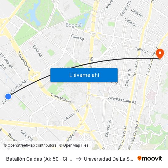 Batallón Caldas (Ak 50 - Cl 19) to Universidad De La Salle map