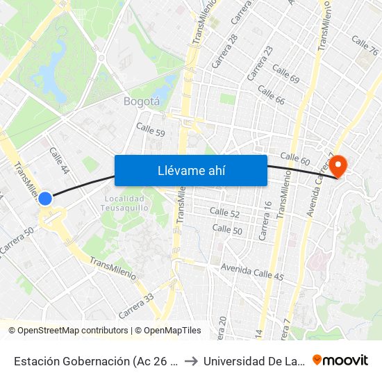 Estación Gobernación (Ac 26 - Kr 54) to Universidad De La Salle map