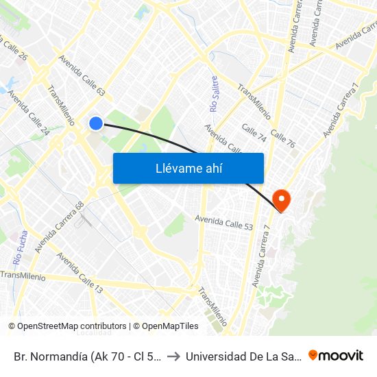 Br. Normandía (Ak 70 - Cl 51) to Universidad De La Salle map