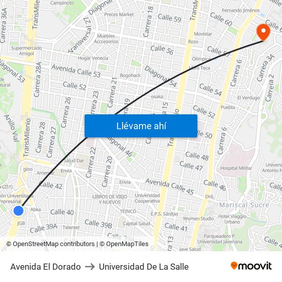 Avenida El Dorado to Universidad De La Salle map