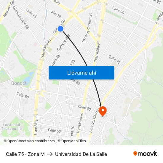 Calle 75 - Zona M to Universidad De La Salle map