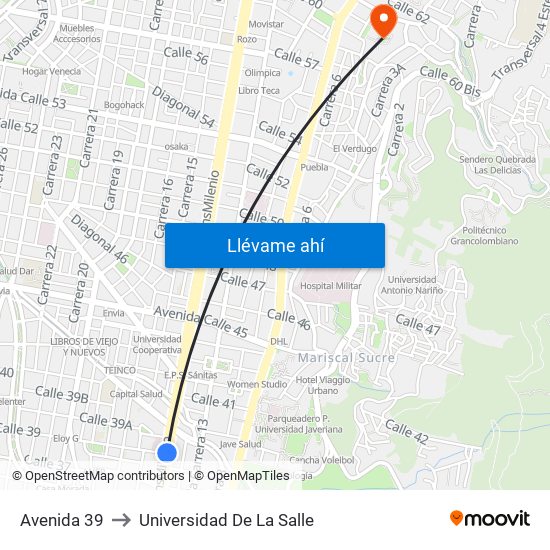 Avenida 39 to Universidad De La Salle map