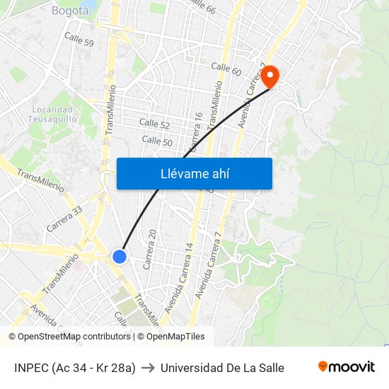 INPEC (Ac 34 - Kr 28a) to Universidad De La Salle map