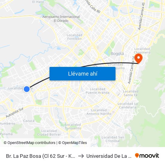 Br. La Paz Bosa (Cl 62 Sur - Kr 82c) to Universidad De La Salle map