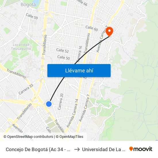 Concejo De Bogotá (Ac 34 - Kr 27) to Universidad De La Salle map